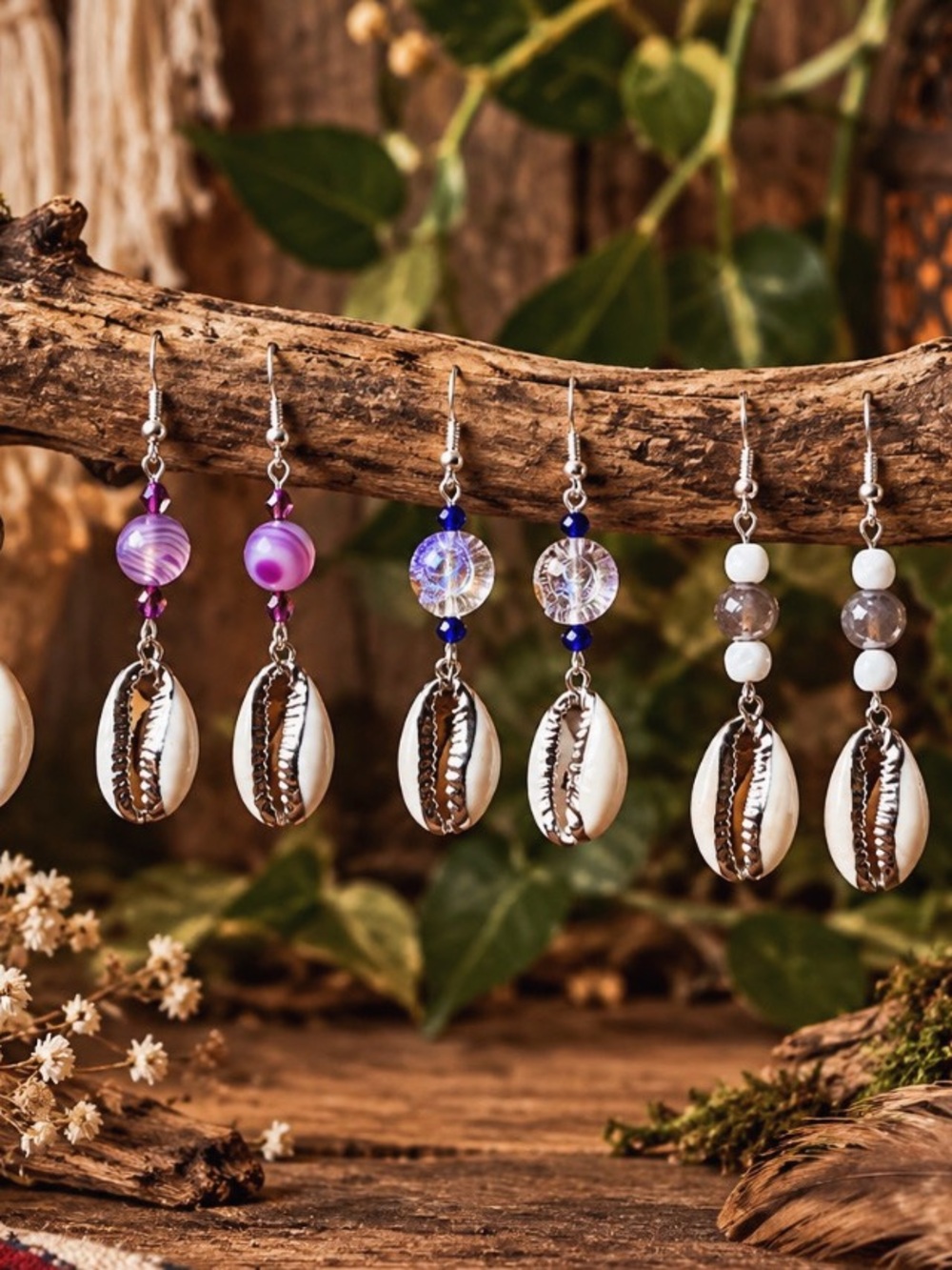 Handmade Purple & Blue Cowrie Shell Dangle Earrings - Women Jewelry